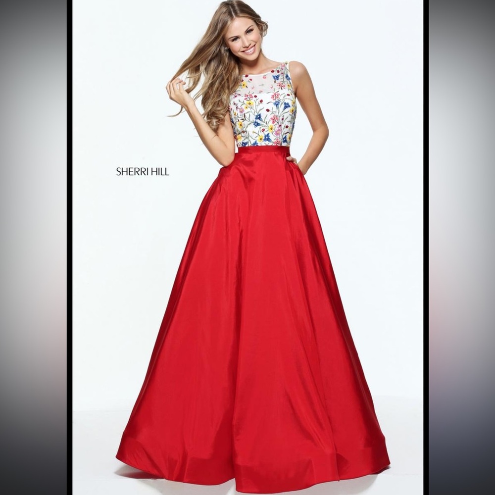 Sherri Hill Red Ball Gown Prom Dress with Embroidered Bodice